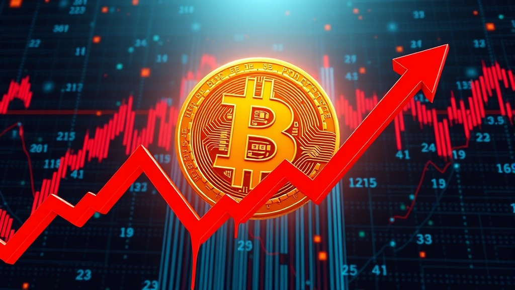 Digital representation of Bitcoin symbol surrounded by descending red arrows and candlestick charts, photorealistic cryptocurrency market visualization with blockchain network nodes in background, professional financial display