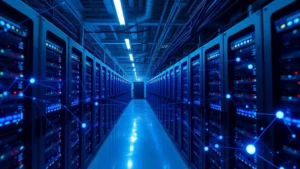 Digital cryptocurrency mining operation with rows of ASIC computers in industrial warehouse facility, blue LED lights illuminating the equipment, blockchain network visualization overlaying the scene