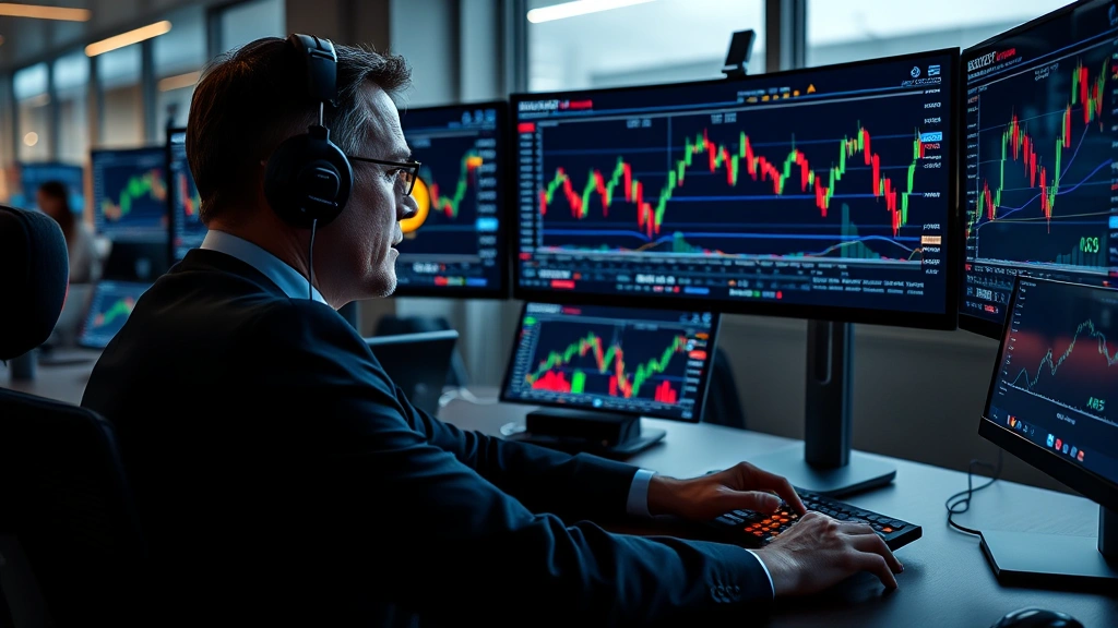 Photorealistic image of a professional cryptocurrency trader analyzing Bitcoin charts on multiple monitors in a modern trading office, displaying market data and price movements