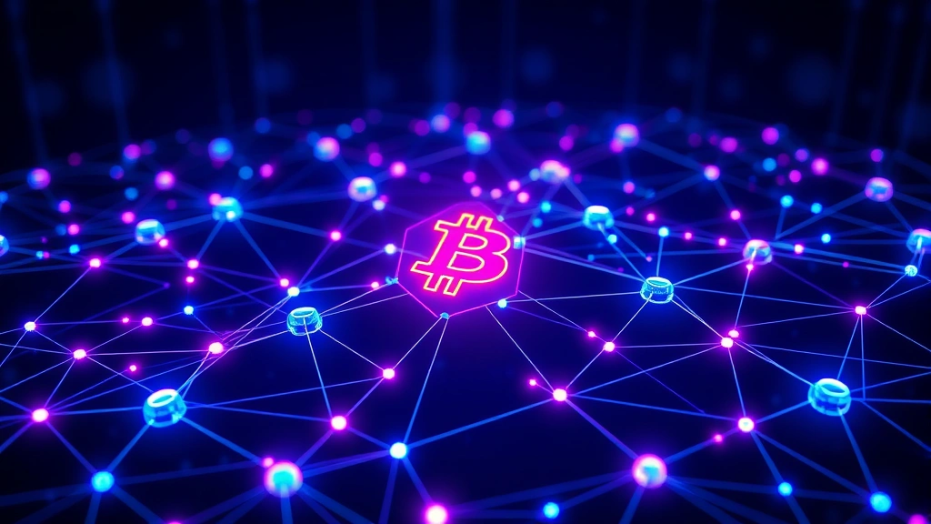 Blockchain network nodes interconnected with glowing lines, representing decentralized bitcoin network infrastructure, futuristic cyberpunk style, deep blues and purples, photorealistic rendering of digital architecture