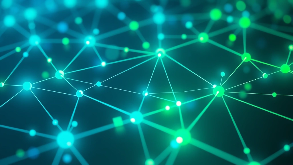 Photorealistic image of digital blockchain network nodes glowing in blue and green, representing distributed ledger technology and cryptocurrency infrastructure, abstract network visualization without text overlay