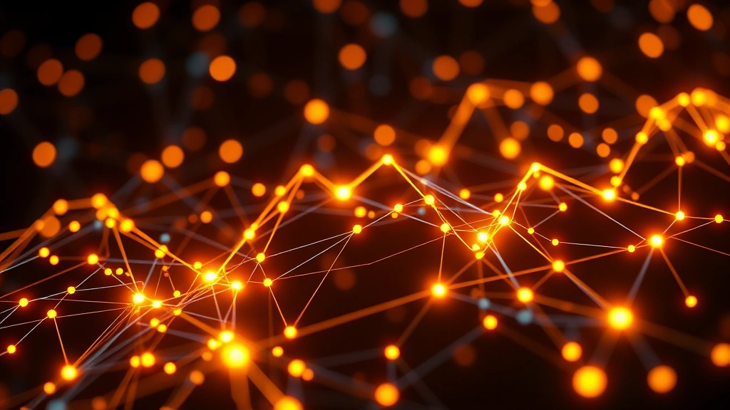 Digital representation of bitcoin blockchain network nodes with glowing connections, representing market volatility through pulsing light patterns, abstract financial technology concept