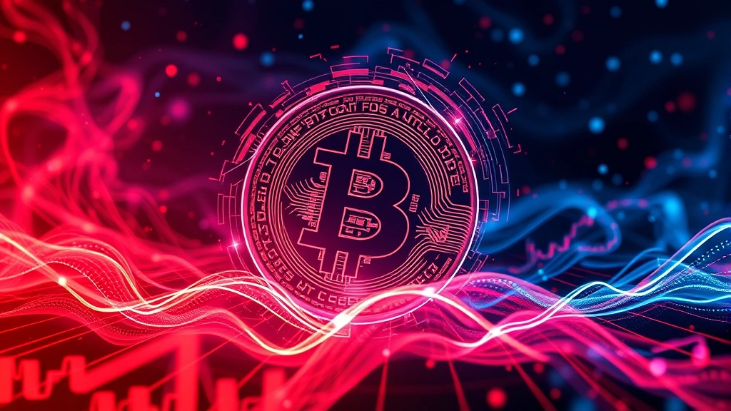 Abstract representation of market volatility: Bitcoin symbol surrounded by swirling financial data streams, red and blue color scheme indicating bearish pressure, blockchain nodes connected by glowing lines, digital landscape showing market uncertainty and trading volume fluctuations