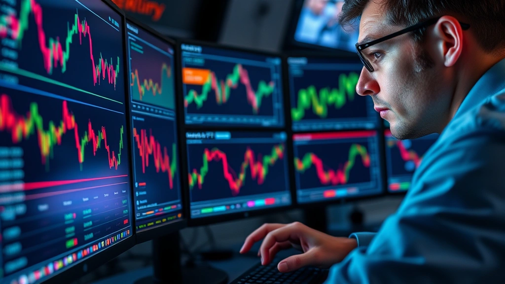 Close-up of cryptocurrency trader monitoring multiple screens showing real-time market data, hands on keyboard, focused expression, modern trading desk with monitors, professional blockchain investment environment