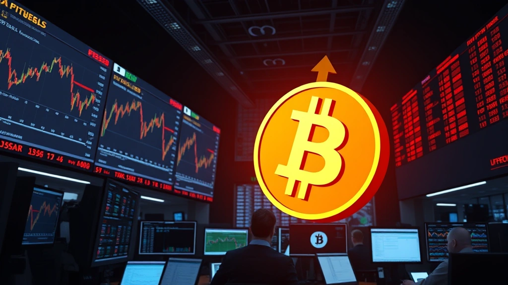 Stock market trading floor atmosphere translated to crypto context, showing multiple screens with price charts, traders analyzing data, Bitcoin symbol prominently displayed with downward arrows in background