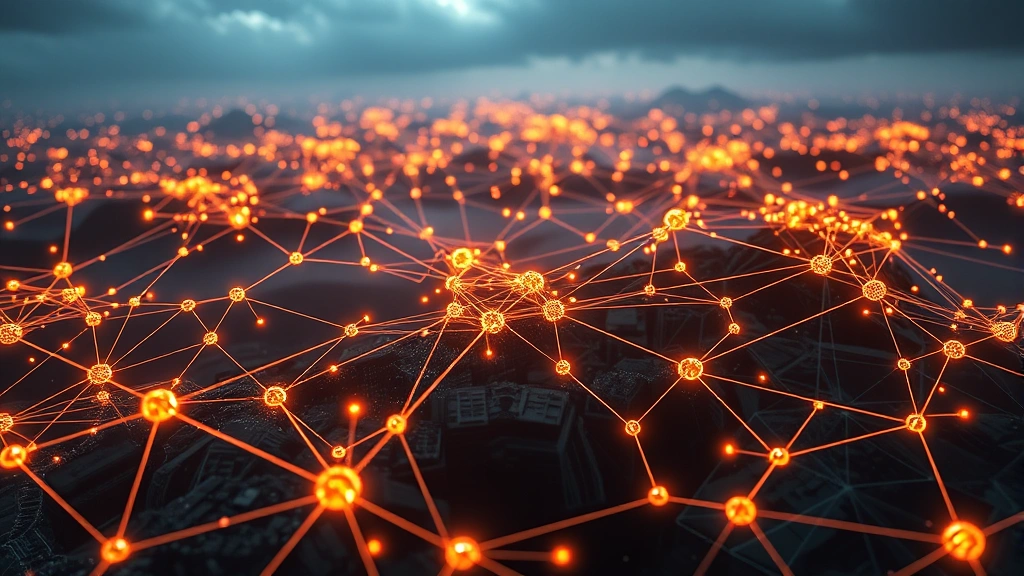 Photorealistic image of a blockchain network visualization with interconnected nodes and data flowing through a digital landscape, representing Bitcoin network security and transactions