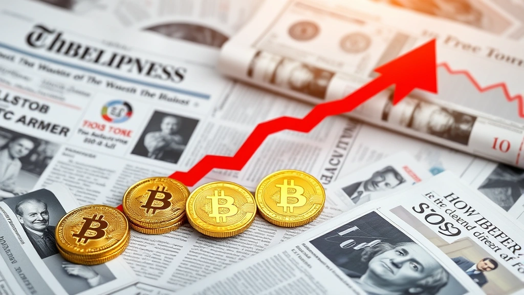 Bitcoin coins arranged on a declining chart with red arrows pointing downward, surrounded by financial newspaper headlines and economic data visualizations in a modern financial setting