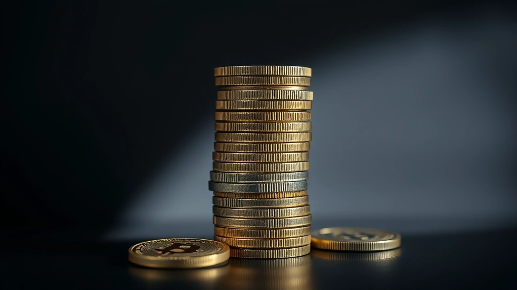 Stacked cryptocurrency coins including bitcoin fading into shadow, symbolizing market volatility and price pressure, dramatic lighting with professional depth of field, metallic and reflective surfaces, minimalist composition