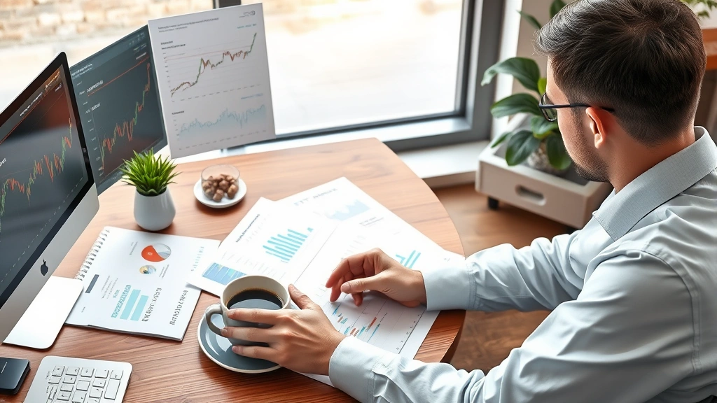 Photorealistic image of a financial analyst reviewing crypto market reports and research documents at a desk with coffee, showing professional cryptocurrency research environment without visible chart text or tickers