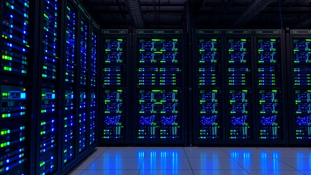 Large server farm with rows of specialized mining hardware, blue and green indicator lights glowing, showing cryptocurrency mining operations securing blockchain networks