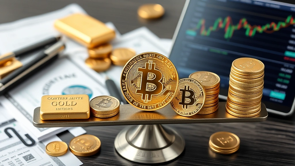 Investor portfolio diversification concept: Bitcoin coins alongside traditional assets like gold bars, stock certificates, and bond documents, balanced scale showing risk management, modern financial workspace with cryptocurrency exchange interface visible, representing strategic asset allocation