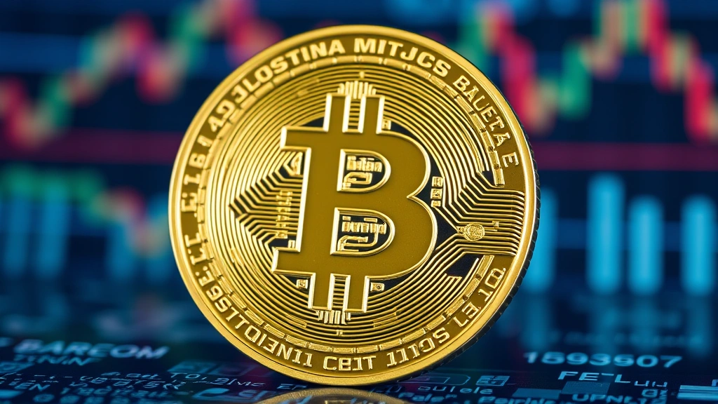 Bitcoin physical coin with circuit board patterns, digital financial markets background, professional investment environment, modern cryptocurrency technology representation