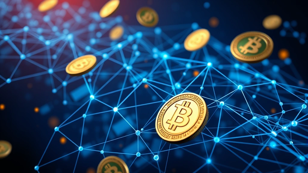 Abstract visualization of blockchain network with interconnected nodes, cryptocurrency coins floating in digital space, technical analysis patterns, market sentiment indicators, photorealistic digital financial technology