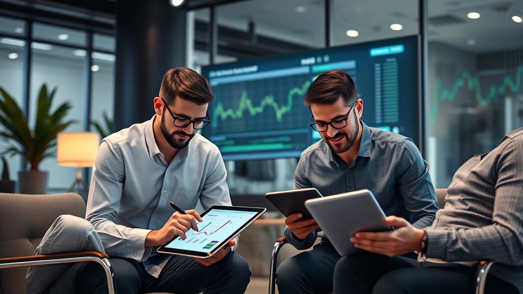 Photorealistic image of investors reviewing financial portfolios and cryptocurrency holdings on tablets and laptops in a contemporary investment advisory office setting