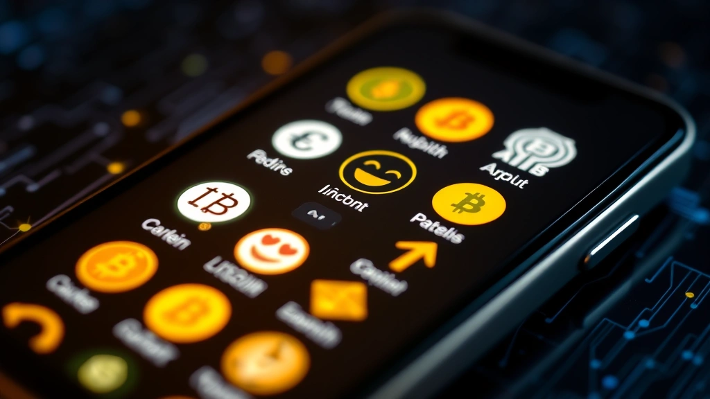 Photorealistic close-up of smartphone screen displaying various cryptocurrency-related emoji symbols and digital currency icons glowing on dark background with blockchain pattern overlay