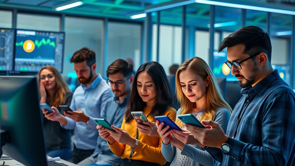 Photorealistic image of diverse group of people looking at mobile devices and computers showing cryptocurrency trading interfaces with bitcoin symbols highlighted, modern office environment with blue and green lighting