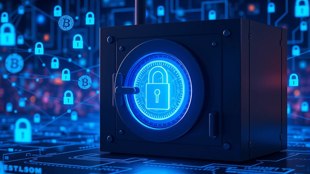 Photorealistic image of a secure digital vault with glowing blue encryption patterns and cryptographic symbols floating around it, blockchain network nodes visible in background, modern cybersecurity aesthetic, no text or labels