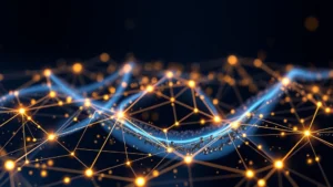 Digital financial network visualization with flowing particles representing capital movement, blockchain nodes interconnected with glowing pathways, abstract representation of institutional investment flows into cryptocurrency infrastructure, photorealistic 3D rendering with deep blue and gold color palette, modern financial technology aesthetic