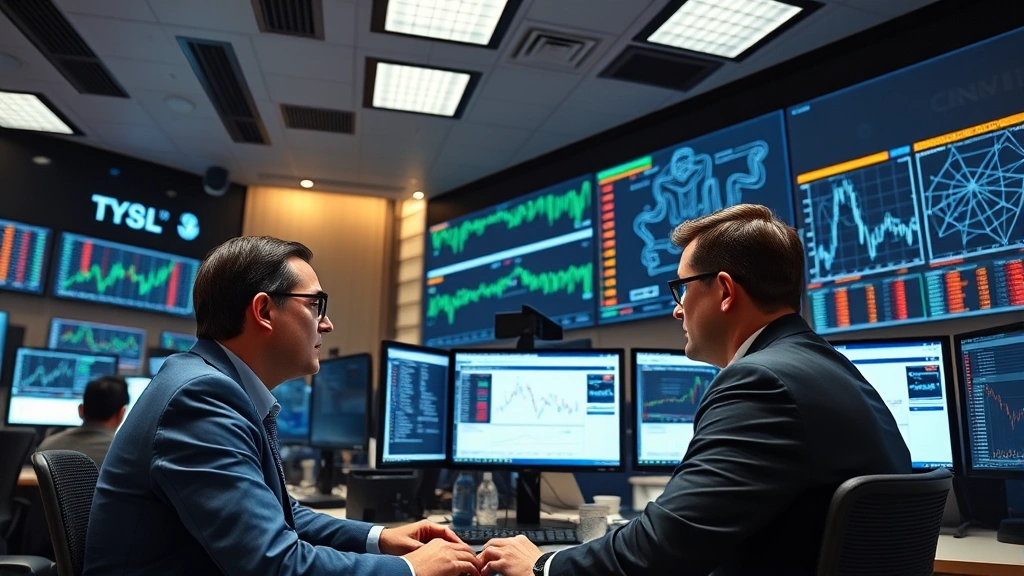 Institutional trading floor atmosphere with multiple monitors displaying cryptocurrency market data, professional traders in business attire analyzing digital asset portfolios, corporate office environment with blockchain network diagrams on walls, sophisticated financial technology infrastructure, emphasis on professional institutional investment setting