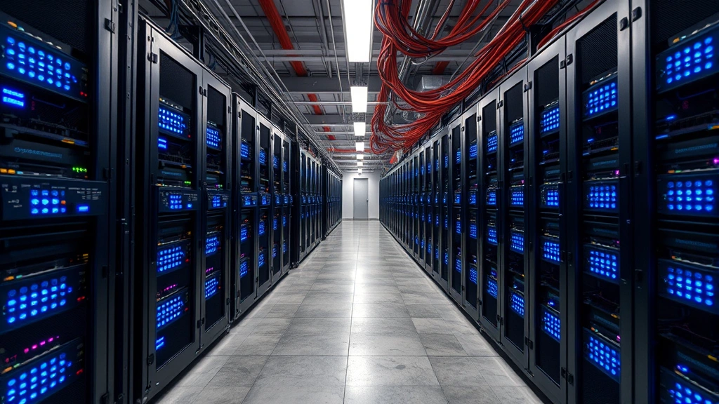 Modern ASIC Bitcoin mining hardware arranged in rows in an industrial facility with blue LED indicators glowing, cables organized overhead, concrete floor visible