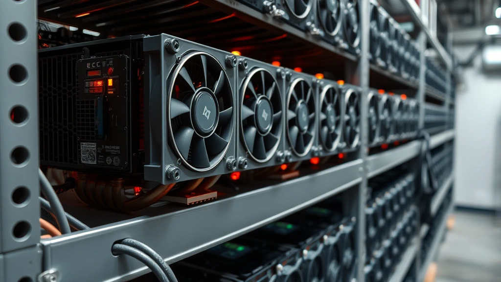 Close-up of multiple ASIC mining machines stacked on metal shelving with cooling fans running, showing heat dissipation vents and power connections, professional mining facility environment