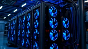 Photorealistic computer mining rig with multiple graphics cards glowing under blue LED lighting, industrial warehouse setting, cables organized neatly, no text or labels visible
