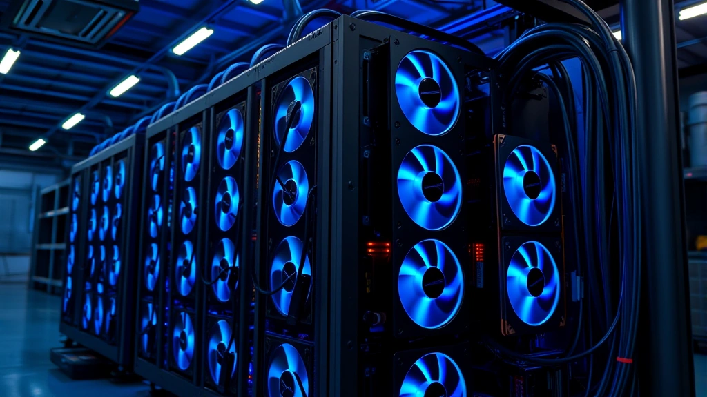 Photorealistic computer mining rig with multiple graphics cards glowing under blue LED lighting, industrial warehouse setting, cables organized neatly, no text or labels visible