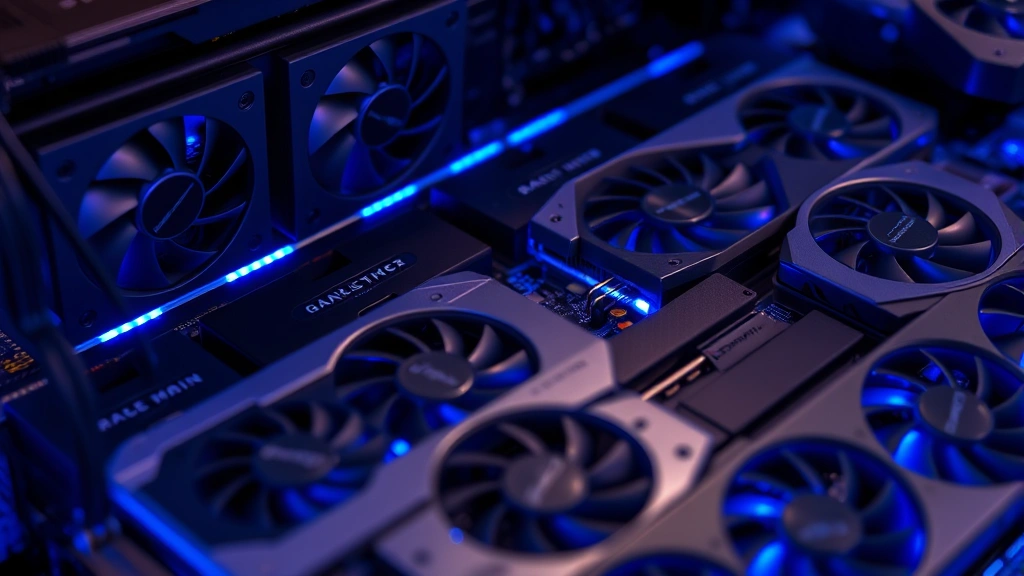 Photorealistic close-up of multiple graphics cards (GPUs) arranged in a mining rig setup, blue LED lighting, circuit boards visible, cryptocurrency theme, no text or labels