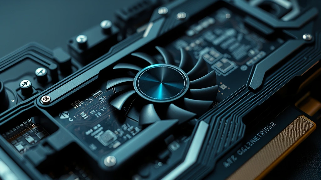 High-performance GPU close-up shot with intricate circuitry visible, modern graphics card in pristine condition, studio lighting highlighting technological details, cryptocurrency mining context implied