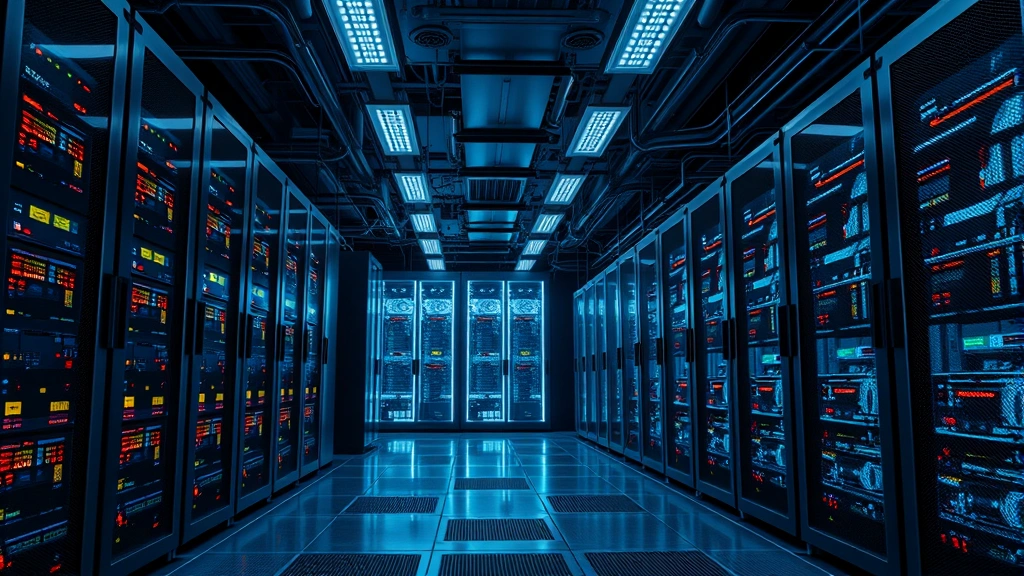 Photorealistic image of a high-tech server room or cryptocurrency mining facility with illuminated equipment and cooling systems, professional data center aesthetic, no charts or text