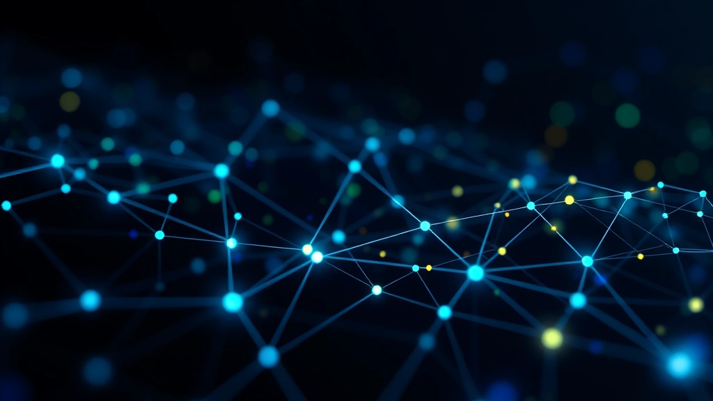 Abstract visualization of digital currency flow with blockchain network nodes connected by glowing lines, representing cryptocurrency transactions and mining operations, dark background with vibrant blue and green accents