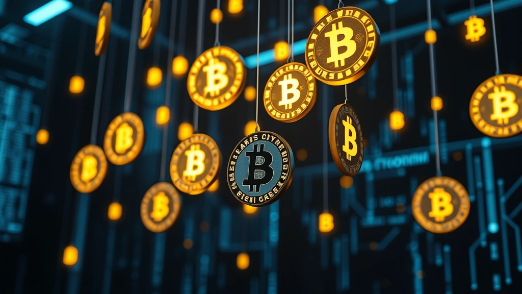 Photorealistic photograph of glowing digital cryptocurrency coins suspended in a dark tech environment, representing passive income generation, blockchain concept visualization, no text overlay