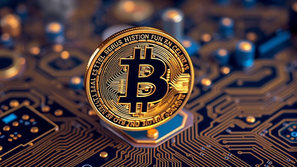 Digital Bitcoin coin floating above a circuit board pattern with glowing blue and gold colors, representing cryptocurrency and blockchain technology, no text or numbers visible