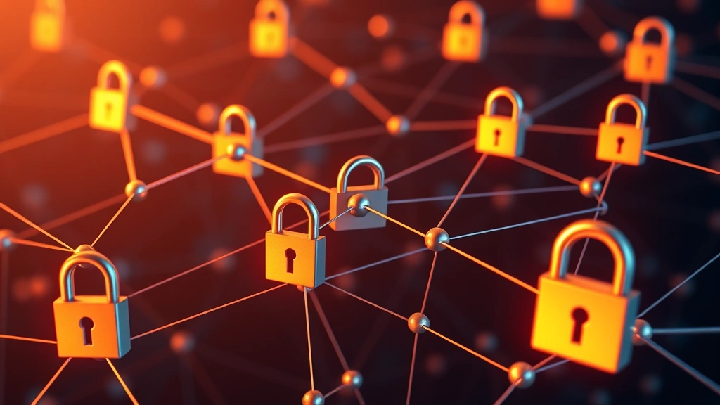 Network of interconnected nodes and blocks forming a chain structure with cryptographic locks, representing distributed blockchain ledger and decentralized transactions