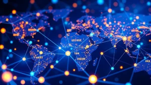 A futuristic digital representation of Bitcoin transactions flowing through a global network, showing interconnected nodes and blockchain technology in vibrant blues and golds, photorealistic rendering