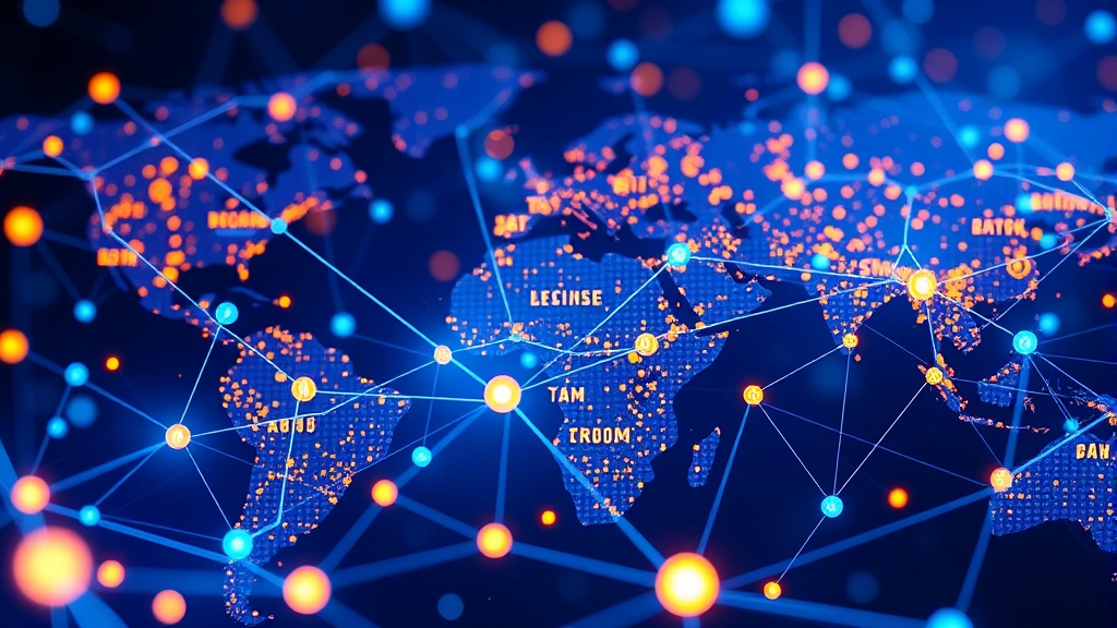 A futuristic digital representation of Bitcoin transactions flowing through a global network, showing interconnected nodes and blockchain technology in vibrant blues and golds, photorealistic rendering