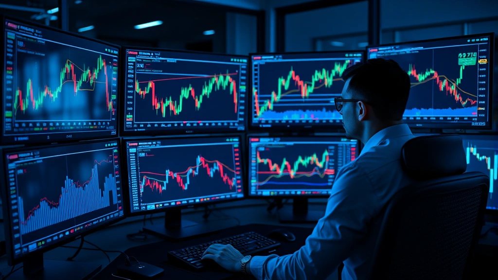 A professional trader analyzing Bitcoin charts on multiple monitors displaying real-time cryptocurrency market data, with a modern trading desk setup and ambient blue lighting reflecting off glass surfaces, photorealistic high-quality photography