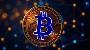 Close-up of Bitcoin symbol glowing with blue and gold light, abstract blockchain network nodes in background, professional cryptocurrency visualization, no text or numbers