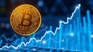 Photorealistic image of Bitcoin digital currency symbol floating above a holographic financial chart with upward trending lines, representing market analysis and cryptocurrency growth forecasting