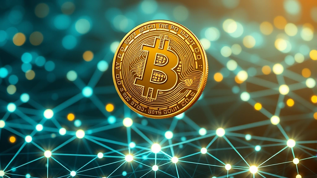 Futuristic digital Bitcoin coin floating above a glowing blockchain network with interconnected nodes and light pathways, representing cryptocurrency growth and technology advancement