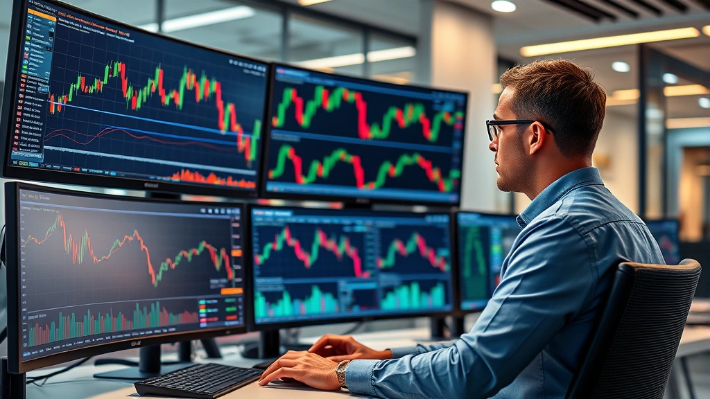 Photorealistic image of a trader analyzing Bitcoin price charts on multiple monitors in a modern trading office, showing candlestick patterns and financial data visualization, no text overlays