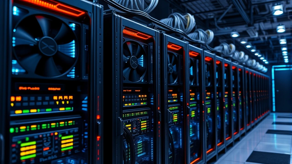Close-up of cryptocurrency mining operation with multiple high-performance computers running in a modern data center, showing cooling systems and LED indicators, professional lighting