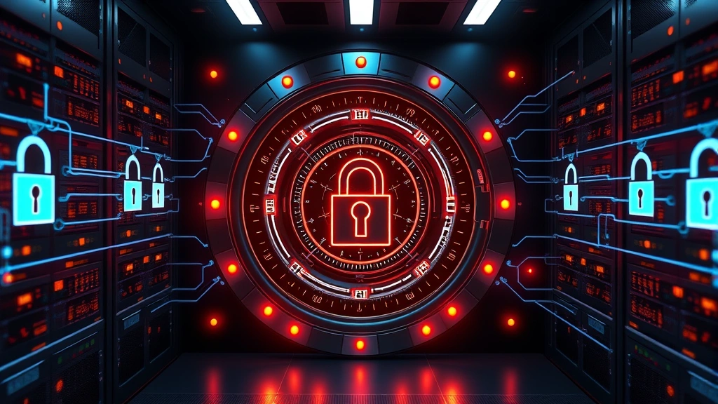 A secure cryptocurrency vault or digital security concept showing layers of protective technology, blockchain nodes connecting in a network pattern, glowing digital locks and encryption symbols in a professional data center environment, photorealistic and futuristic