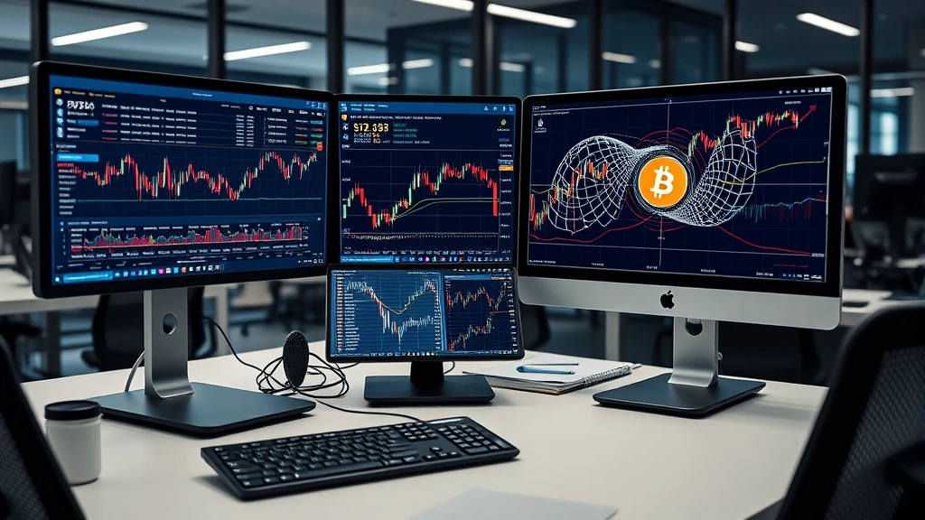 Professional photograph of a cryptocurrency trading desk with multiple computer monitors displaying real-time blockchain data, market charts, and Bitcoin network visualization in a modern financial office