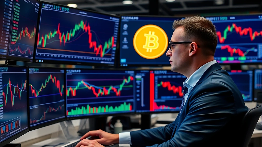 Professional trader analyzing Bitcoin price charts on multiple high-resolution monitors in a modern trading floor, showing candlestick patterns and market data visualizations