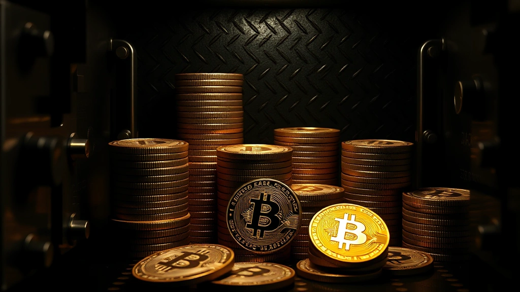 Photorealistic image of Bitcoin coins stacked in a secure vault with dramatic lighting, representing institutional storage and long-term holding strategy, no text or numbers visible