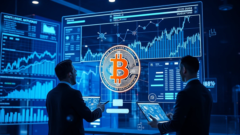 Abstract representation of institutional investors and finance professionals analyzing market data on multiple holographic displays, showing Bitcoin network visualization and growth charts in background