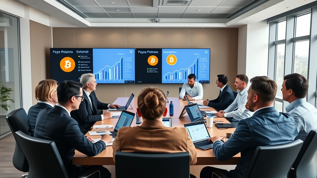 A diverse group of institutional investors in a modern boardroom discussing portfolio allocation strategies, with Bitcoin and cryptocurrency symbols visible on presentation screens, professional business setting with natural lighting and contemporary design