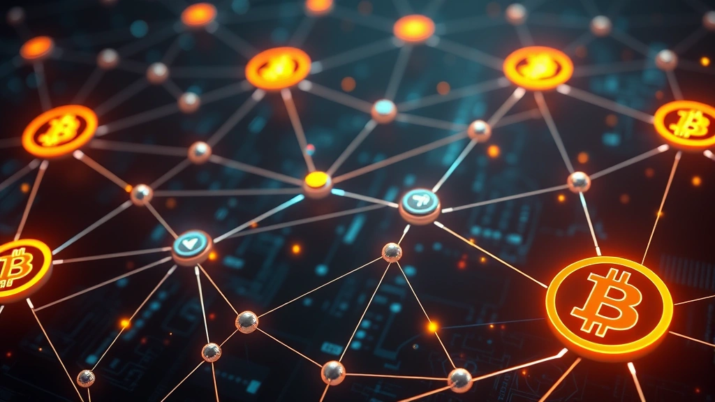 Photorealistic image of interconnected blockchain nodes and digital currency symbols representing Bitcoin network infrastructure, with glowing connections and data streams flowing across a dark technological background