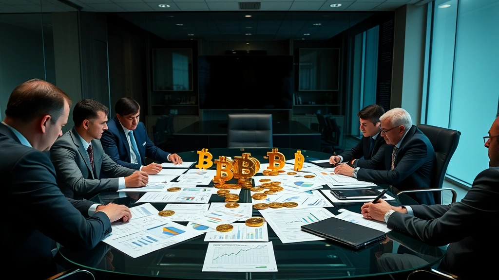 Institutional investors in a conference room reviewing Bitcoin investment strategies with charts and financial documents spread across a glass table, symbolizing corporate cryptocurrency adoption